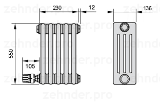 Схема (чертеж) Радиатор Zehnder Charleston 4055/5 №V003 Белый глянцевый RAL 9016